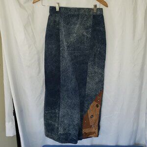 Iconic Vintage High Waisted Acid Wash Denim Long Skirt w/Leather Panel - 8